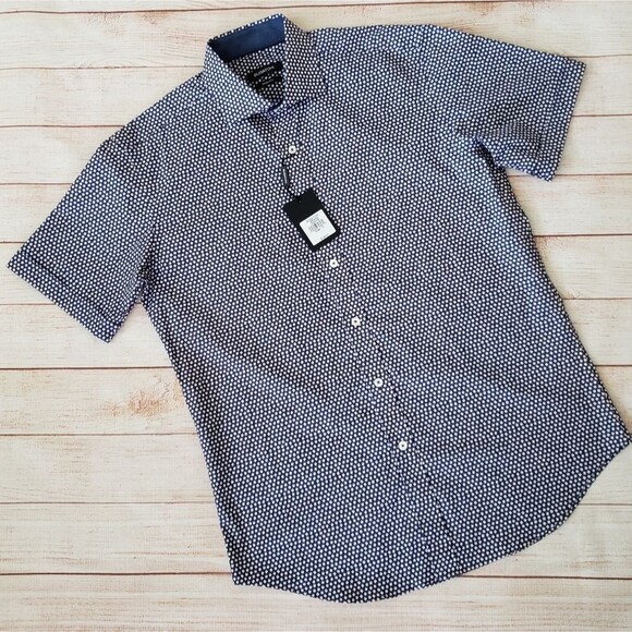 Bugatchi Short Sleeve Button Front Shirt Men's Size Medium Navy Blue Red White - Picture 2 of 15